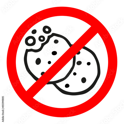 Stop cookies. No cookies symbol. It is forbidden to eat crumbs. Simple prohibition sign. Crossed-out biscuit. Ban litter. Stop sweet icons.