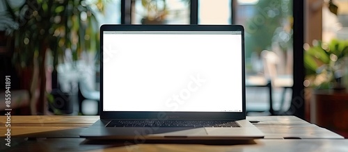 laptop computer showing blank screen on work table. Copy space image. Place for adding text and design