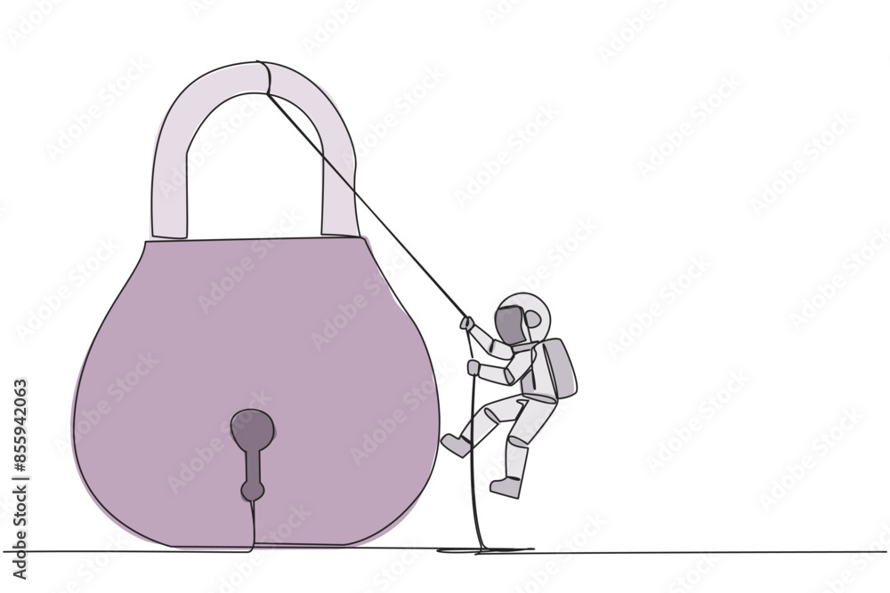 Single continuous line drawing astronaut climbing padlock with rope. Do ...