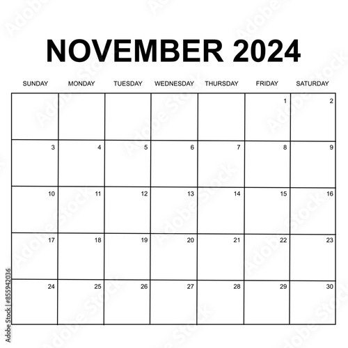 November 2024. Monthly calendar or planner design. week starts on Sunday. Printable, editable and clean design isolated on white background. 