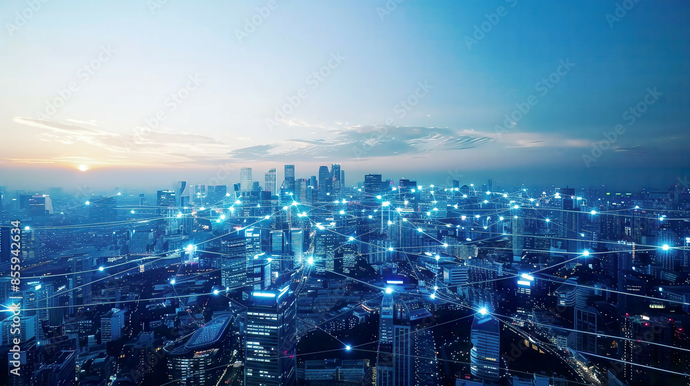 custom made wallpaper toronto digitalCityscape with telecommunication network wireless mobile internet for smart grid 5G LTE data connection IoT global business fintech blockchainfuturistic elements