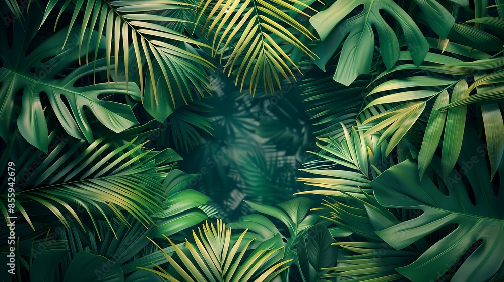 palm leaves forming a natural frame around a clean, empty space in the center palm leaves forming a natural frame around a clean, empty space in the center