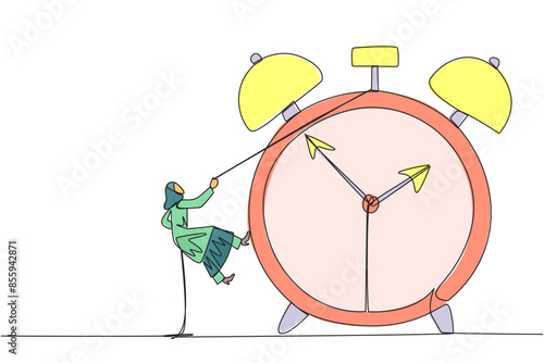 Single one line drawing Arab businesswoman climbs alarm clock with rope. Work carefully to complete each task. Work perfectly without any errors. Work hard. Continuous line design graphic illustration