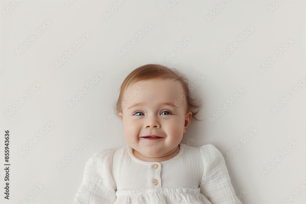 Adorable baby with light brown hair and blue eyes smiling, wearing a white dress, against a plain white background with ample copy space Adorable baby with light brown hair and blue eyes smiling, wearing a white dress, against a plain white background with ample copy space