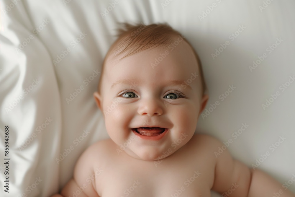 Happy baby lying on a white bed and smiling Happy baby lying on a white bed and smiling