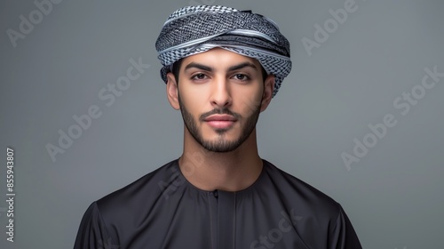 Young man wearing traditional Middle Eastern clothing with a patterned headscarf, looking confidently at the camera against a plain background, with copy space 