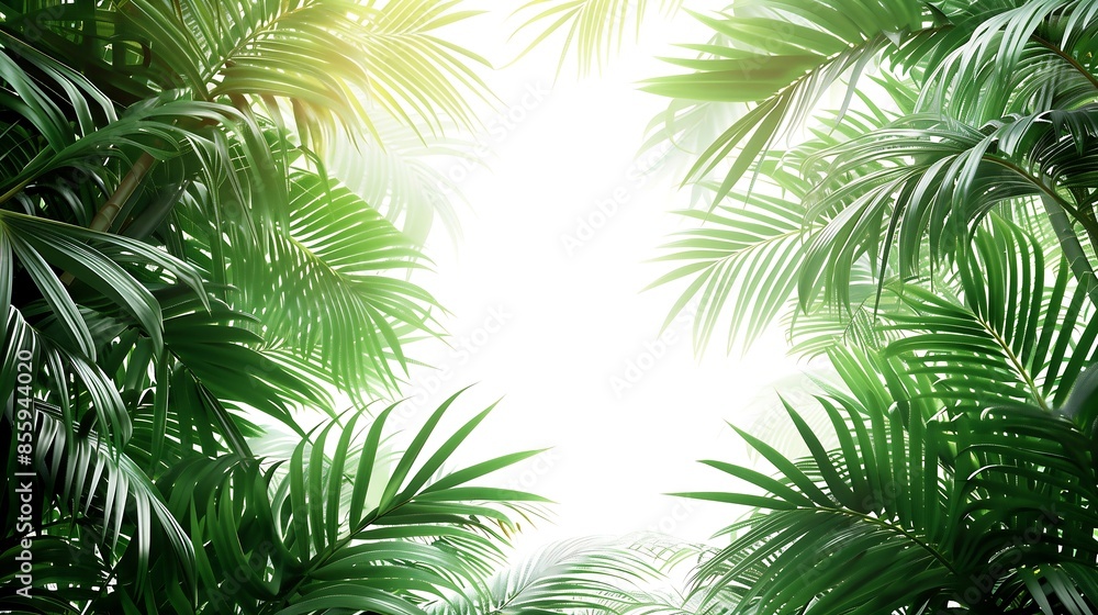 Green palm leaves creating a dense, natural border around an empty white space in the middle Green palm leaves creating a dense, natural border around an empty white space in the middle