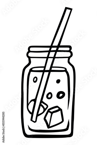 Hand drawn Lemonade in a glass jar with a straw doodle icon in isolated on a white background. Hand drawn glass of cola black sketch. Decoration element. Vector illustration.