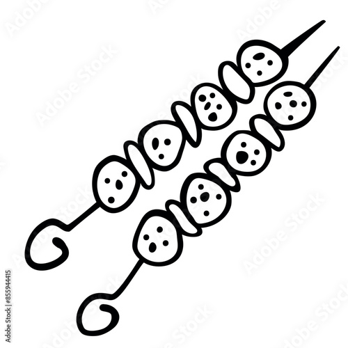 Hand drawn shashlik with grilled meat and vegetables isolated on a white background. Vector doodle illustration. Kebab, shashlik, grilled on a skewer, food meat in cartoon style.