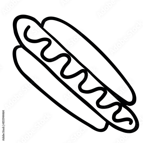 Hand drawn doodle of hot dog with mustard isolated on a white background. Vector illustration. Cartoon sketch. Decoration for menus, signboards, showcases, greeting cards, posters, wallpapers