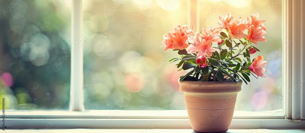Flower pot with blooming azalea plant on a windowsill. Copy space image. Place for adding text and design Flower pot with blooming azalea plant on a windowsill. Copy space image. Place for adding text and design