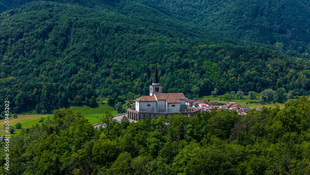 High-Altitude Drone View of The Italian Charnel House in Kobarid, Slovenia High-Altitude Drone View of The Italian Charnel House in Kobarid, Slovenia