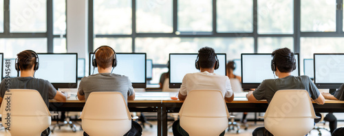 A group of people are sitting at desks with headphones on, working on their computers. The room is quiet and focused, with everyone concentrating on their tasks. The atmosphere is professional