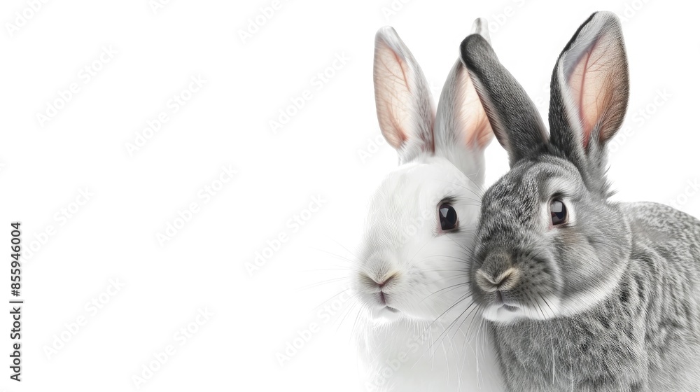 Gray and white rabbits on white backdrop Isolated with copy space High quality image Gray and white rabbits on white backdrop Isolated with copy space High quality image