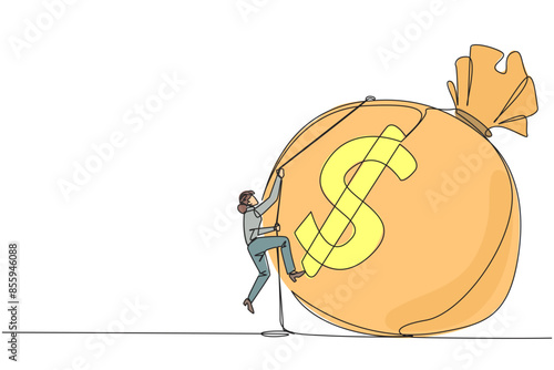 Continuous one line drawing businesswoman climbing money bag with rope. Work harder to get a very large retirement fund. Bring out abilities to the maximum. Single line draw design vector illustration