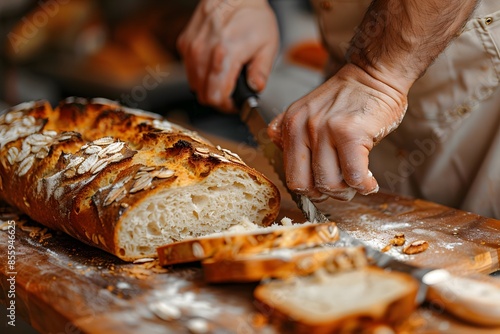 Person cutting bread on wooden board