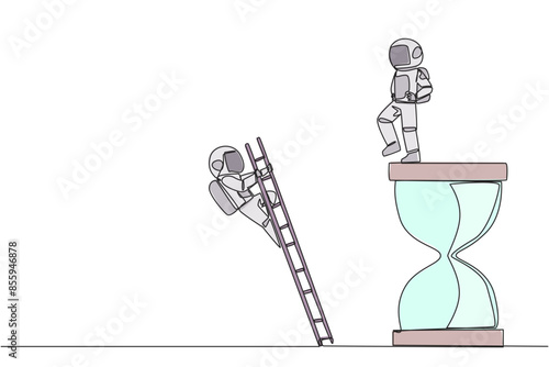 Single one line drawing astronaut kicks opponent who is climbing a big clipboard with a ladder. The bully will ruin the daily report. Chase away bullies. Continuous line design graphic illustration