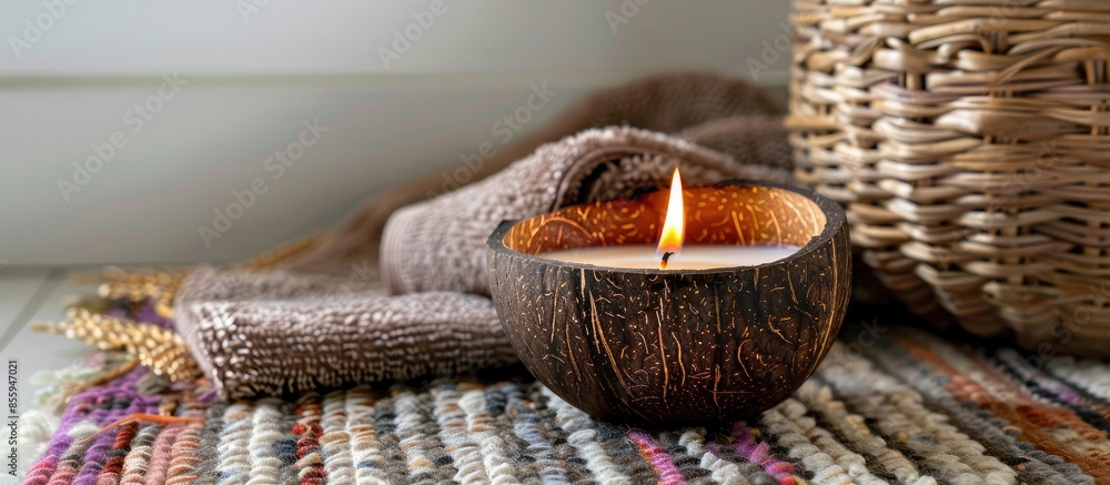 Obraz premium Burning spa aroma candle in coconut shell on a knitted multicolored rug and wicker box with a towel opposite the white wall, cozy home interior. Copy space image