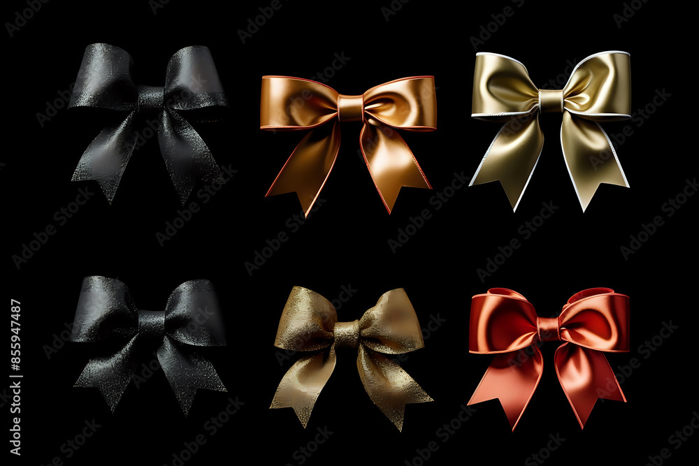 Sophisticated Bow Ribbons Set. A luxurious collection of isolated bow ribbons in black, gold, and red, perfect for elegant packaging, celebrations, and design accents. Sophisticated Bow Ribbons Set. A luxurious collection of isolated bow ribbons in black, gold, and red, perfect for elegant packaging, celebrations, and design accents.