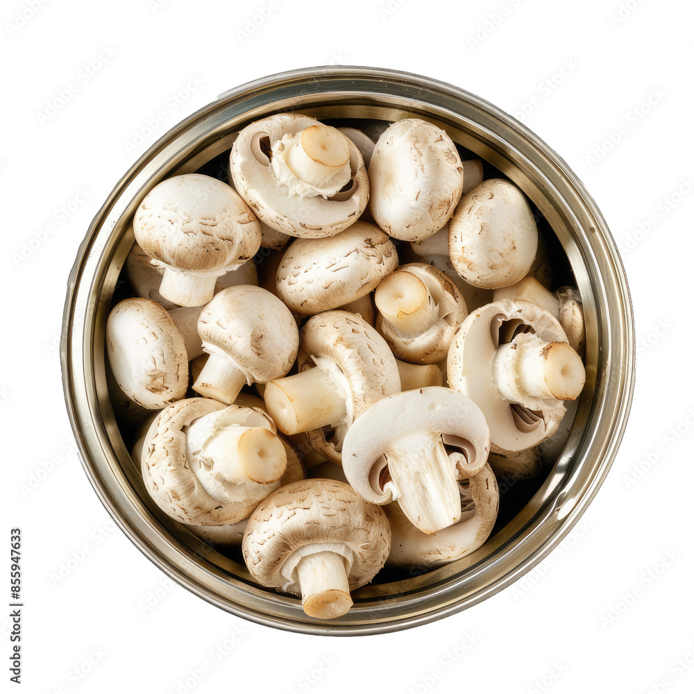 Opened Tin Can of Button Mushrooms Flat Lay. Fresh White Mushrooms in Opened Metallic Can, -. Isolated on a Transparent Background. Cutout PNG. Opened Tin Can of Button Mushrooms Flat Lay. Fresh White Mushrooms in Opened Metallic Can, -. Isolated on a Transparent Background. Cutout PNG.