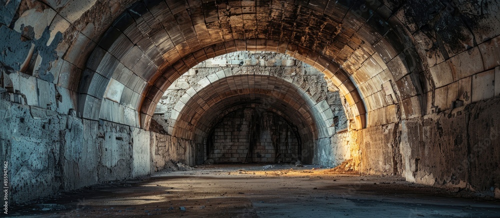 Obraz premium Dark creepy large tunnel with arched ceiling, at old abandoned underground bunker. Concept of the light in the end of a tunnel. Copy space image. Place for adding text or design