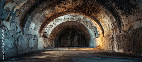 Dark creepy large tunnel with arched ceiling, at old abandoned underground bunker. Concept of the light in the end of a tunnel. Copy space image. Place for adding text or design