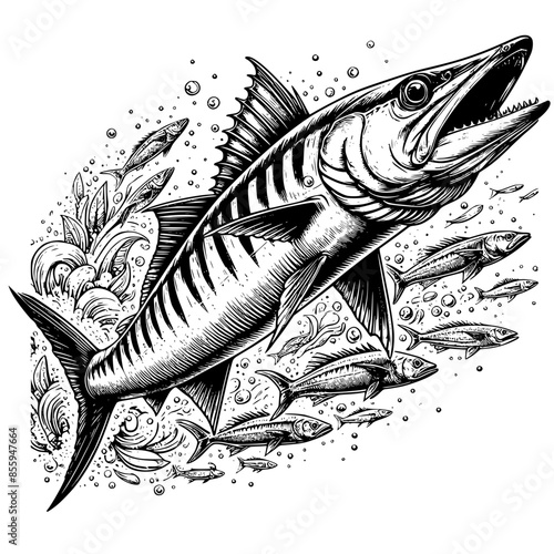 Billede på lærred Illustration of Barracuda, awesome creature of under water blue sea, barracuda vector art