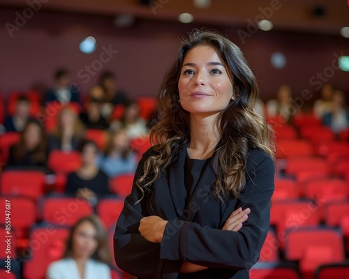 Confident Businesswoman Delivering Inspiring TED Talk to Engaged Audience in Corporate Conference Setting photo