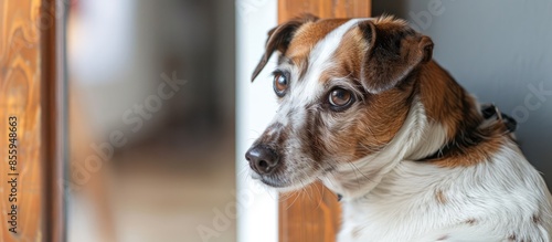 Brown and white dog waits by the door. Copy space image. Place for adding text and design © Ilgun