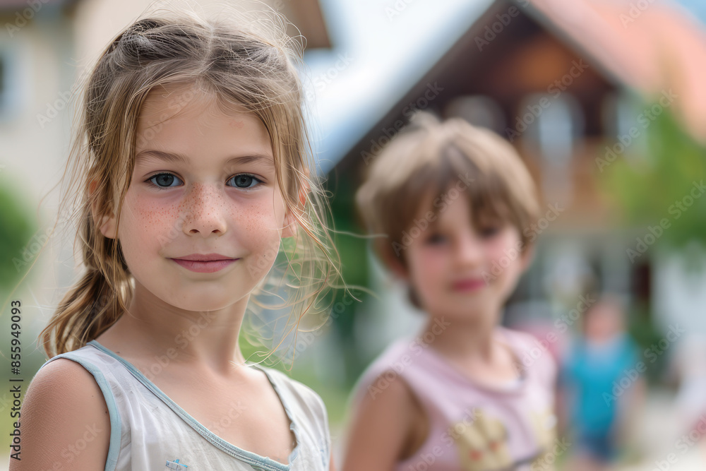 portrait of girl and boy in front of german house portrait of girl and boy in front of german house
