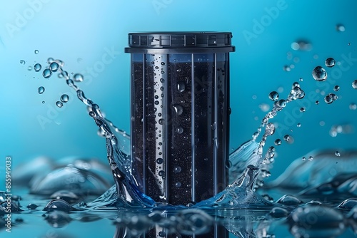 Water filter with splashing water close-up
