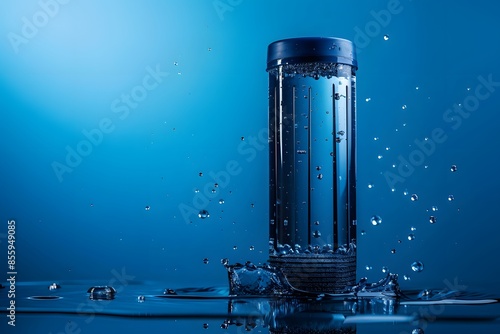 Water filter with splashing water close-up