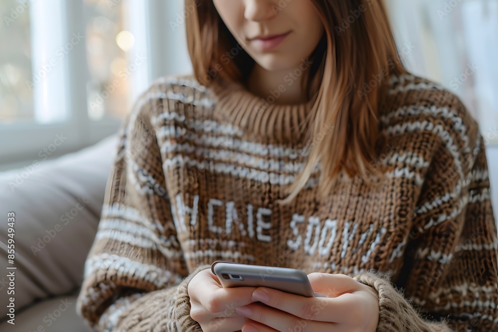 Fototapeta premium Woman on sofa checking phone