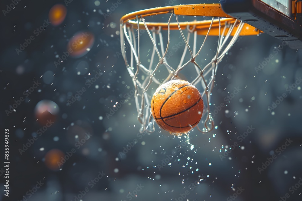Basketball passing through hoop in rain Basketball passing through hoop in rain