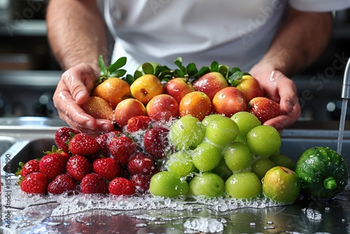 Fototapeta Naklejka Na Ścianę i Meble -  washing fruits and vegetables with water professional photography