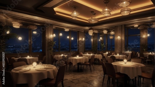 Interior of fancy restaurant at night