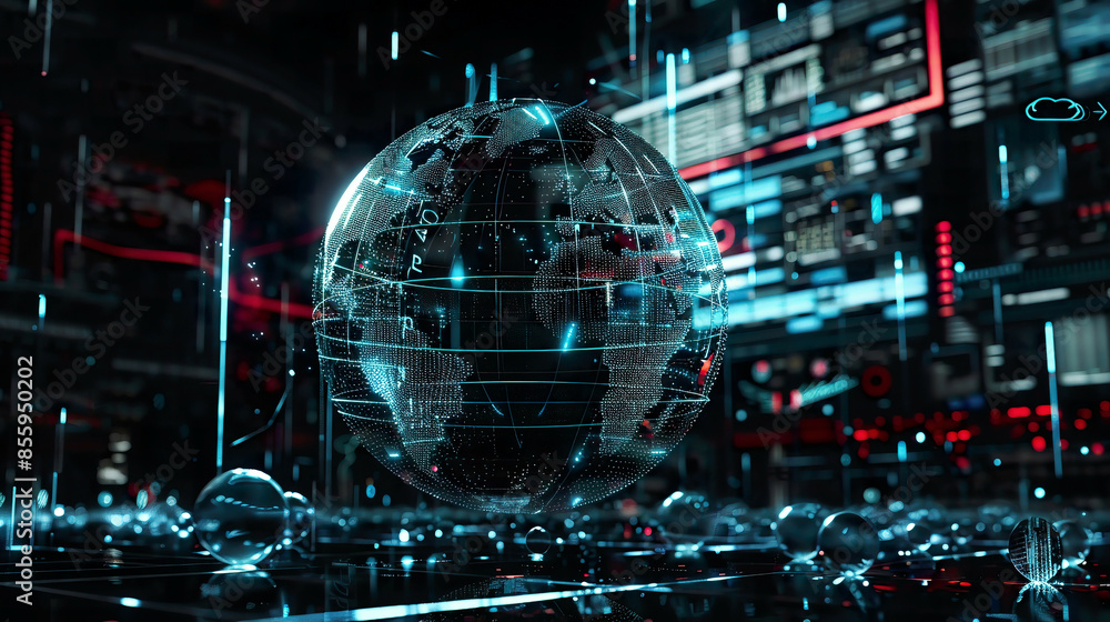 Non-fungible token hologram with network circuit and globe on a virtual digital screen dark backgroundconcept of cryptoart and technology Non-fungible token hologram with network circuit and globe on a virtual digital screen dark backgroundconcept of cryptoart and technology