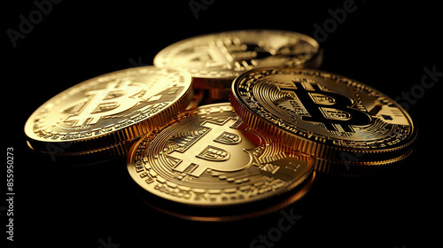 Photorealistic golden bitcoins representing new virtual moneycoins on a black background realistic illumination  photo