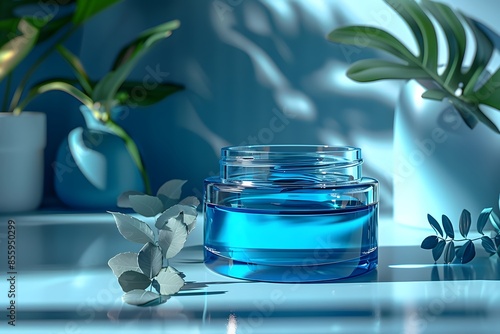 Blue water jar on table photo