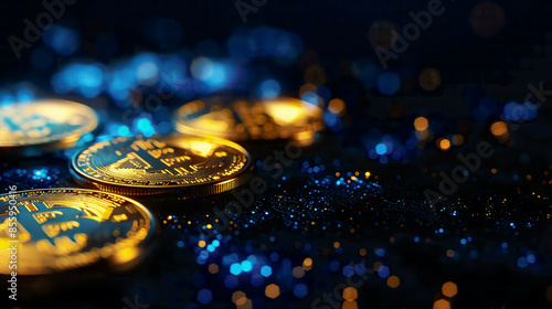 Wallpaper Mural Radiant gold bitcoin coins glowing with electric blue lights dark black background hyper-realistic high detail dramatic lighting  Torontodigital.ca