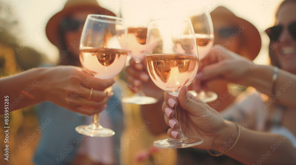 Friends toasting with wine during summer sunset gathering. Friends toasting with wine during summer sunset gathering.