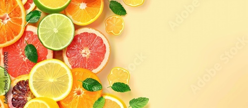 Sliced fruits background. Copy space image. Place for adding text and design