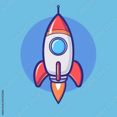 Illustration of a flying cartoon rocket on a blue background in flat style.