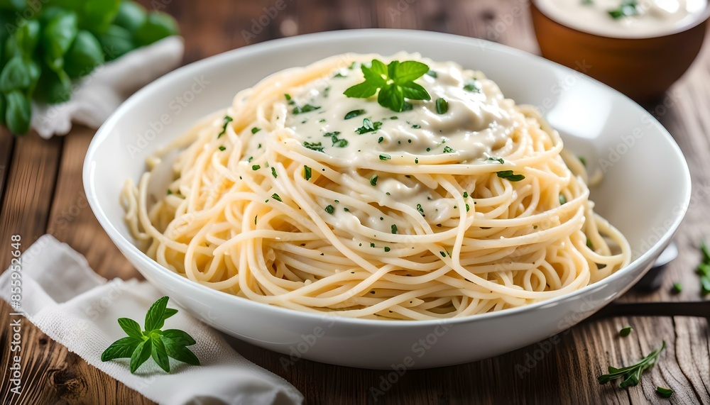 White Sauce Spaghetti a white dish on a wooden table
White Sauce Spaghetti a white dish on a wooden table