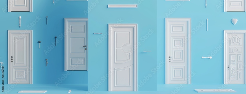 Blue background, white doors, banner. 3D illustration Blue background, white doors, banner. 3D illustration