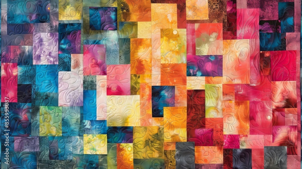 A quilt with many different colored squares