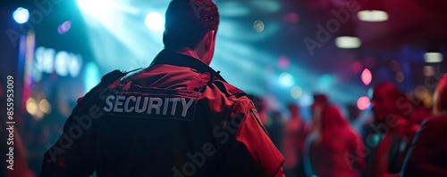 Professional Event Security Guard Monitoring Nightclub Crowd for Public Safety and Protection