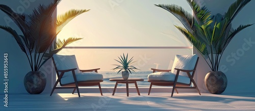 Three dimensional render of two retro styled chairs- coffee table and potted plant standing on balcony. Copy space image. Place for adding text and design photo