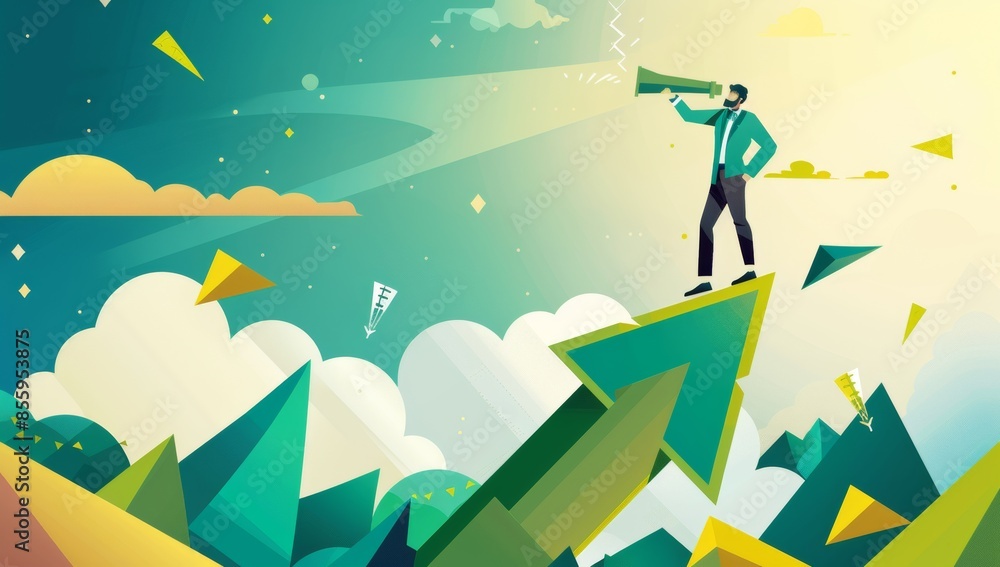 In the future, a businessman looks through a telescope to find new business opportunities. Illustration of a business concept. In the future, a businessman looks through a telescope to find new business opportunities. Illustration of a business concept.