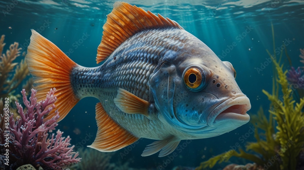 Fototapeta premium Colorful fish swimming among coral reefs